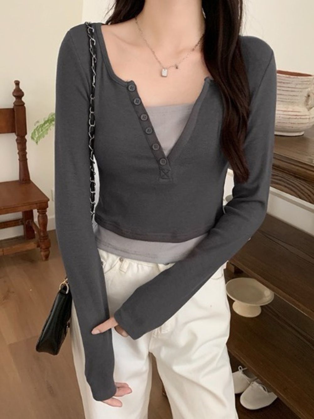 Cropped Henley Long Sleeve Top